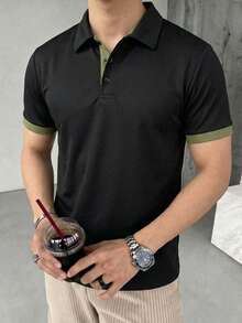 男士黑色 Polo 领短袖 Polo 衫，撞色领口，质地细腻，透气吸汗，抗皱，弹力十足，抗起球，经久耐穿，商务休闲，轻运动风，短袖 Polo 衫，适合工作场所、户外活动、商务会议等场合，尽显绅士风范。 - 黑色 - 查看 5