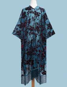 WeHello Women's Boho Burnout Velvet Kimono Long Cover Up With Tassel Casual Cardigan Shawl Flowy Fabric Beachwear Suit Womenswear Clothes Swimwear Coverups SpringStatements - 薄荷綠 - 查看 4