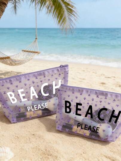 Sac cosmétique en velours violet maillé en forme de cœur, sac de plage, sac de maquillage transparent grande capacité imprimé "Beach Please", sac cosmétique à fermeture éclair en nylon, léger, peut ranger de la crème solaire, des collations, un maillot de bain et des essentiels de plage