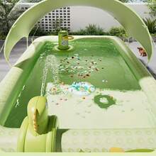 1pc Large Green Dinosaur Themed Inflatable Pool - Durable PVC Material, Foldable & Portable, Suitable For Family Water Fun And Backyard Parties | Dinosaur Themed Outdoor Activity Inflatable Pool - C - View 3
