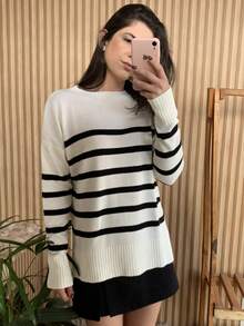 Striped Long-Sleeved Knit Sweater Top, Warm And Comfortable. - White - View 4