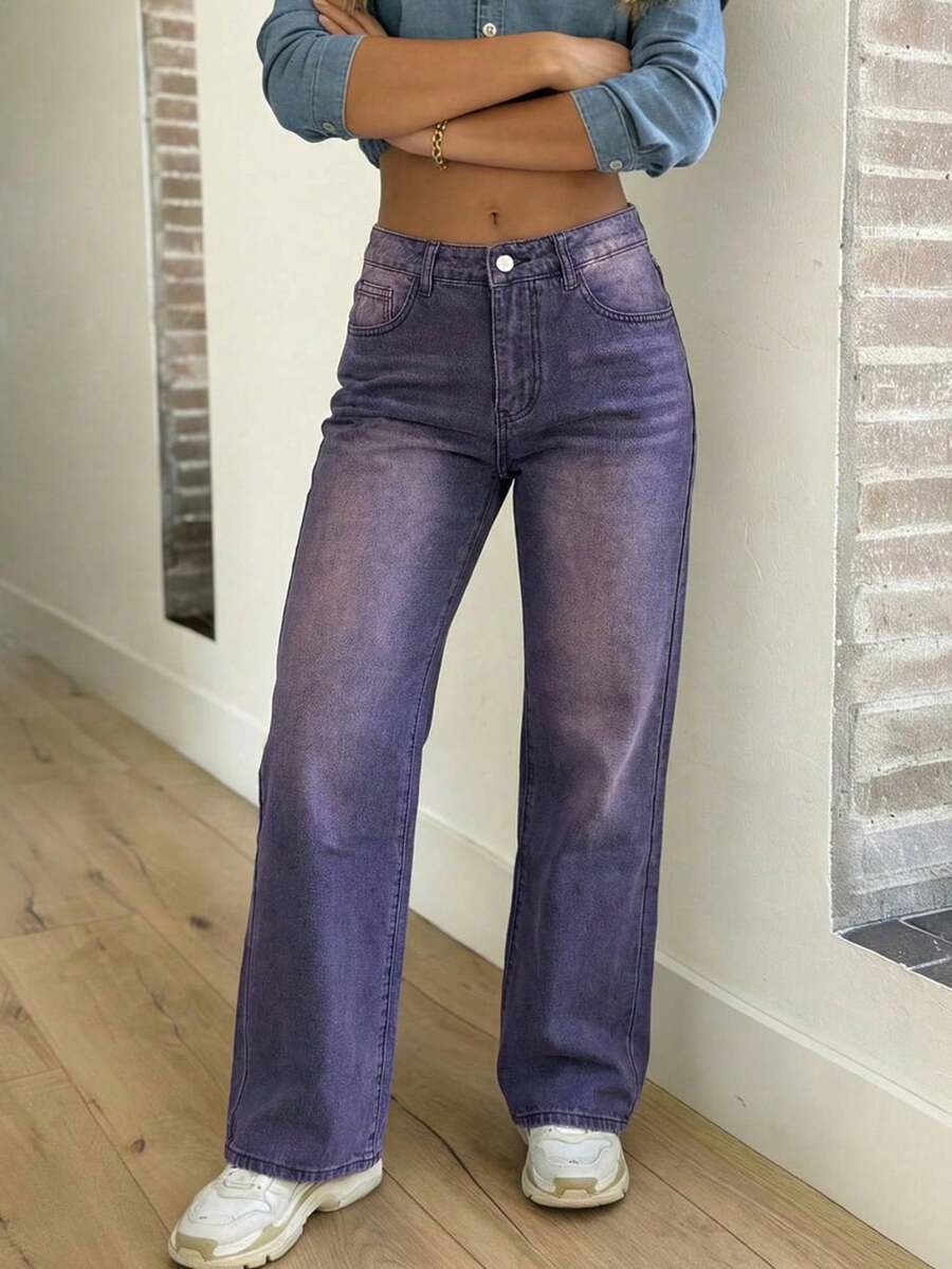 Women's Casual Washed Straight-Leg Jeans - Purple - View 1