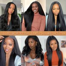 13X4 Kinky Straight  Wigs Human Hair Pre Plucked Kinky Straight Lace Front Wigs Human Hair No Glue 13X4 HD Lace Closure Straight Wigs Human Hair For Women 32Inch - Natural Black - 查看 9