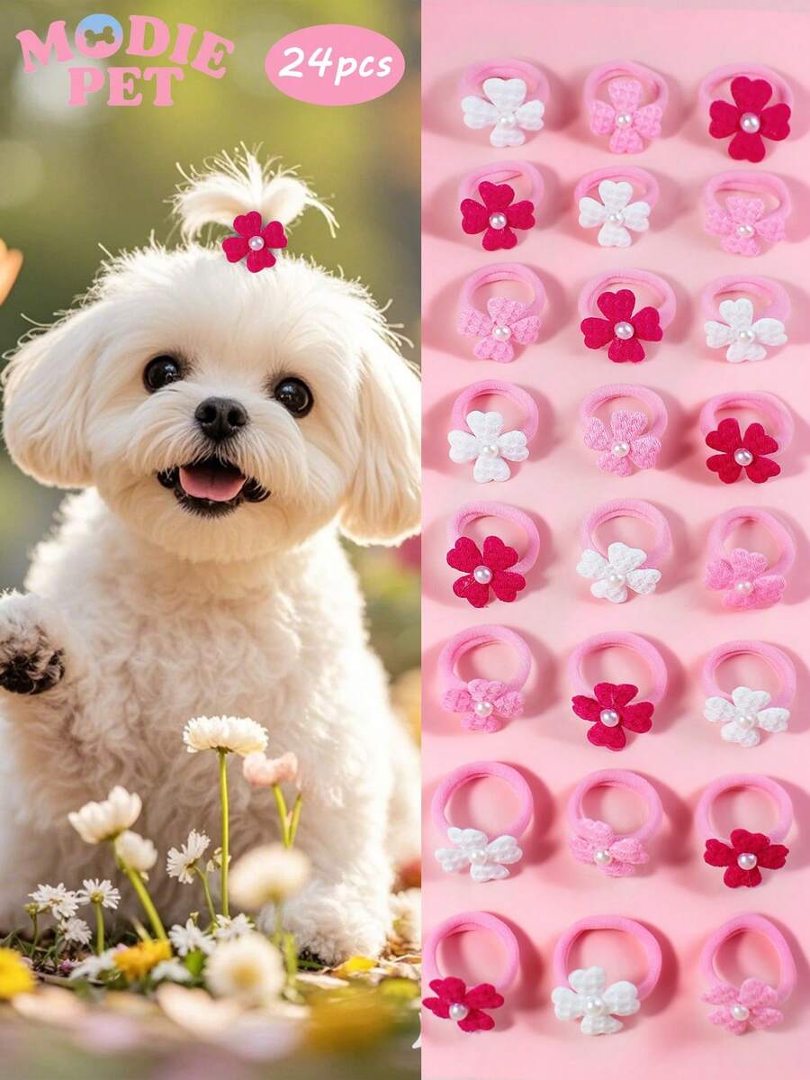 24pcs Assorted Cute Pink Clover & Pearl Mini Hair Ties, Pet Grooming Accessories For Cats & Dogs - Multicolor - View 1
