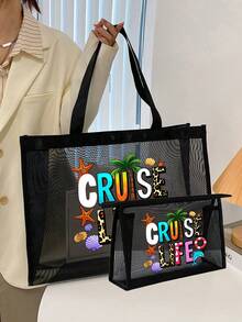 2pcs/Set Large Capacity Mesh Bag Set,Print "Cruise Life" In Color Font , Paired With Cute Beach Scenes, Mesh Beach Bag Tote Bag ,Mesh Cosmetic Storage Bag,Foldable Swim Large Capacity Beach Bag Waterproof Sandproof,Letter Decor Mesh Beach Tote Women Shoulder Handbag,Personalized Gift Bag, Suitable For Commuting, Shopping, Vacation, And Daily Leisure Use, The Perfect Gift To Give To Friends - Multicolor - View 4