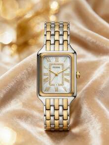 Fossil Reloj de pulsera de mujer con esfera rectangular de nácar con números romanos, de dos tonos, con cadena de metal, de cuarzo, de moda, adecuado para uso diario casual, citas, fiestas y otras ocasiones - Plata + oro - Ver 4