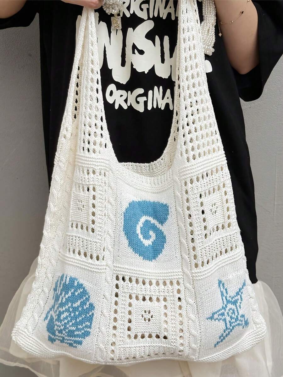 Summer Fashion Crocheted Beach Bag With Starfish, Seashell Pattern Design, Large Capacity Tote Bag, Suitable For Leisure And Beach Trips