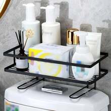 15lbs Capacity No-Drill Bathroom Wall Mounted Storage Rack, Single-Tier Metal Organizer With Toilet Paper Holder, Rust-Proof Space Saving - Black - View 4