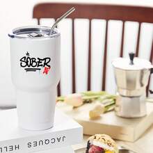 30oz Stainless Steel Tumbler Black White Options,  Sober Life Logo Print Design Graphic Cups, Insulated Travel Coffee Mug With Lid And Straw , Double Wall Vacuum Reusable Travel Cups, Funny Birthday Party Gift For Women & Men - 白色 - 查看 2