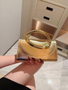 1pc Fashionable Metal Decor Mini Box Clutch Bag, Elegant Shiny Metal Bar Accent Women's Handbag, Luxury Feel For Evening Dress, Party, Wedding, Prom, Metallic Chain Included - Gold - View 2