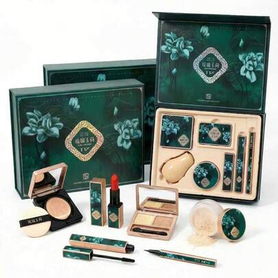 7pcs Lotus Jade Beauty Makeup Gift Set, Includes BB Cushion, Setting Powder, Lipstick, Mascara, Eyeliner, Eyeshadow, Makeup Sponge, Best Gift For Girls, Suitable For Christmas, Halloween