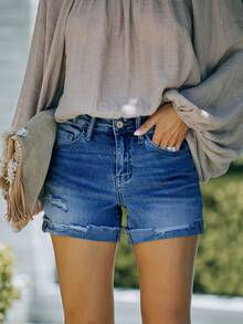 Women's Summer Solid Color Ripped Pocket Button Denim Shorts Casual - Dark Blue - View 4
