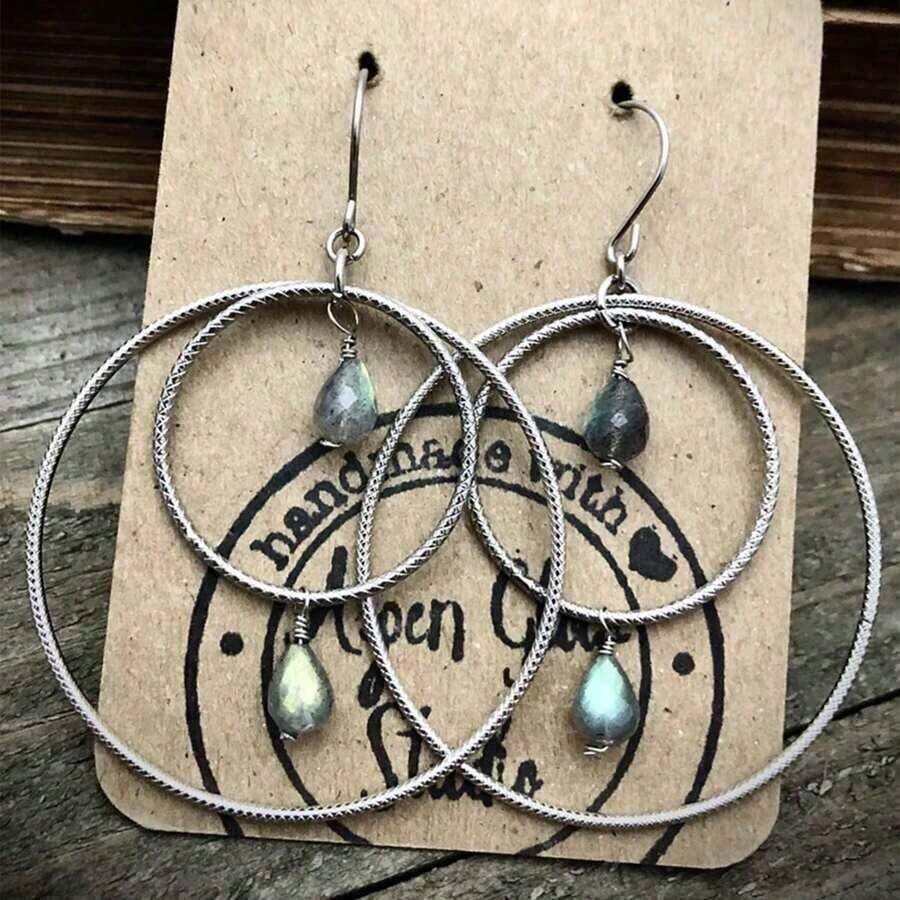 1 Pair Bohemian Style Double Layers Textured Pendant Gemstone Drop Earrings, Creative Simple Design Earrings, Fashion Jewelry Gift For Women, Wedding & Holiday - Bạc - Xem 1