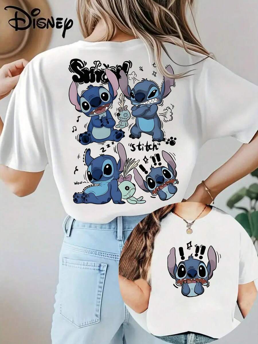 Disney Lilo & Stitch Multi-Expression Stitch Double-Sided T-Shirt: White Cotton Tee With Stitch & Scrump Graphic, Perfect For Theme Park Visits, Daily Wear And Stitch Fans, Ideal Gift - 白色 - 查看 1