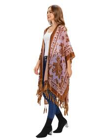 WeHello Women's Boho Burnout Velvet Kimono Long Cover Up With Tassel Casual Cardigan Shawl Flowy Fabric Beachwear Suit Womenswear Clothes Swimwear Coverups SpringStatements - 紫丁香色 - 查看 6