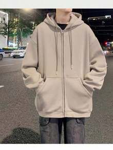 Open-Front Sweatshirt With Zipper And Hood For Cold Weather, Winter, Plain Jacket. - Khaki - View 2