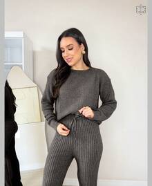 Women's Knit Set - Mousse Aerolook - Ribbed Knit Pants And Blouse - Winter 2025 - Dark Grey - View 2
