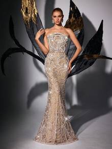 LUVISTRUE Women Romantic Glamorous Sleeveless Mermaid Formal Evening Gowns Slit Wedding Guest Prom Homecoming Cocktail Party Graduation Gala Maxi Dresses - Champagne - View 4
