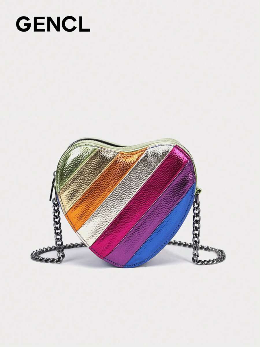 1pc Color Block Patchwork Contrast Heart Shaped Small Handbag, Unique Design, Fashionable Korean Style Shoulder/Crossbody Bag For Women - 彩色 - 查看 1