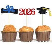 15/30件套2026毕业庆典纸杯蛋糕装饰套装，金色闪光毕业蛋糕装饰插牌，2026毕业派对装饰，毕业证书和毕业帽甜点装饰，适用于毕业庆典 - 經典畢業3件套 - 查看 10