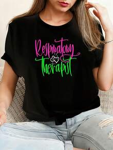 Respiratory Therapist Therapy Care Week RT Pink Green Heart Camiseta de algodón 100% femenino camiseta Casual 220g Funny Graphic Short Sleeve 1 PCS Tee Novelty Crew Neck Oversized Top - Negro - Ver 1