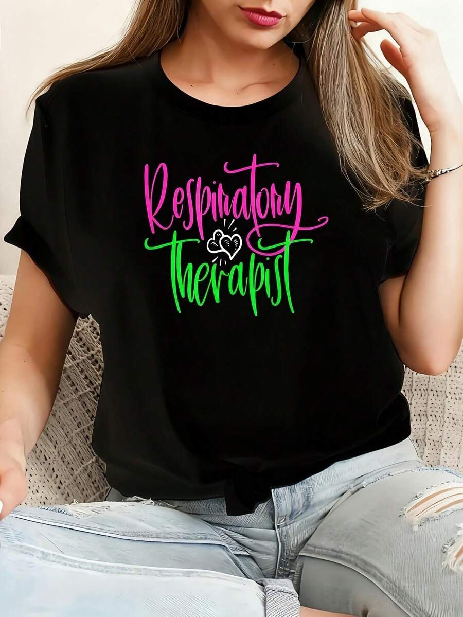 Respiratory Therapist Therapy Care Week RT Pink Green Heart Camiseta de algodón 100% femenino camiseta Casual 220g Funny Graphic Short Sleeve 1 PCS Tee Novelty Crew Neck Oversized Top - Negro - Ver 1