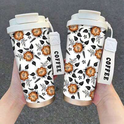 1/5 chiếc cốc giữ nhiệt cách nhiệt chống rò rỉ họa tiết hoa màu cam 500ml/17oz - Có quai đeo, phù hợp cho người yêu cà phê, văn phòng và đi làm, món quà tuyệt vời cho gia đình và bạn bè, lý tưởng cho văn phòng, phòng tập thể dục và sử dụng tại nhà.