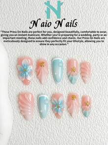 NAIO 10pcs/Set Spring And Summer Handmade Press On Nails Coffin/Almond/Short Square Nail Tips, Y2K Baddie Style, Nude, Blue, White Color With French Edge, Blue Gradient, Shell Pattern, Wave Pattern, Dew, Embossed Flowers, Starfish Metal Rivet Decoration Cream Texture, Suitable For Women And Girls, Party, Daily Wear, Comes With Tool Kit, Great Gift For Ladies Nails Nail Supplies - Multicolor - View 3