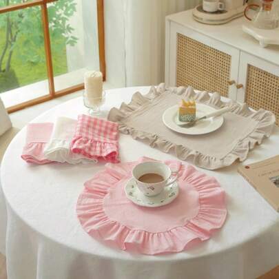 1pc/2pcs/6pcs French Solid Color Candy Color Round Ruffle Edge Placemats, Ins Style Floral Lace Small Napkins, Multi-Purpose Dust Cover Tablecloth