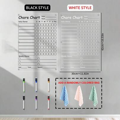 1 miếng dán tủ lạnh từ tính 6 lỗ bằng acrylic cỡ A3 (kèm 6 bút bảng trắng từ tính và 1 khăn lau màu ngẫu nhiên), bảng theo dõi việc nhà và phần thưởng, bảng kế hoạch gia đình từ tính có thể viết lại.