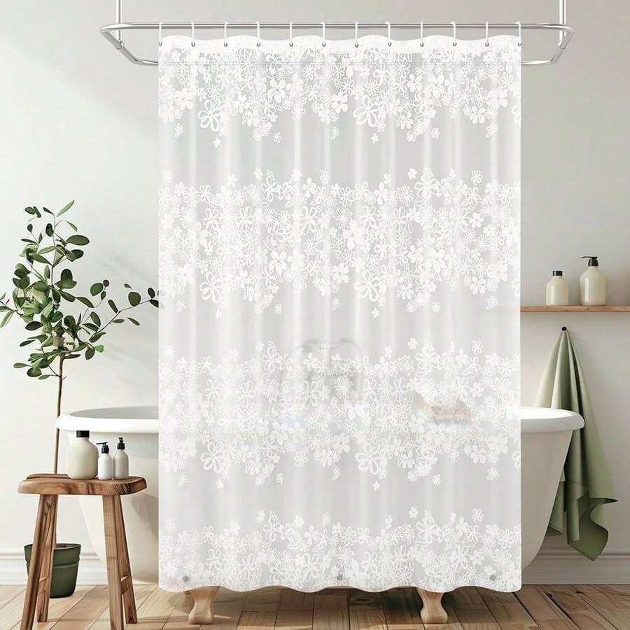 Shower Curtain, 72 X 72 Water Repellent Premium Bathroom Shower Curtain With 3 Magnetic Weights For Shower Stall, Bathtubs (White Flowers-2) - 白花-2白花-2 - 查看 1