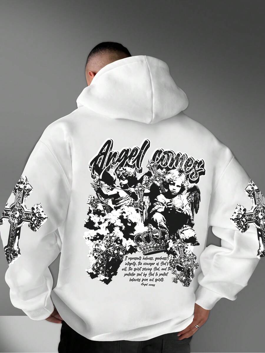 Men's Angel, Crown Pattern Printed Warm Sweatshirt - trắng - Xem 1