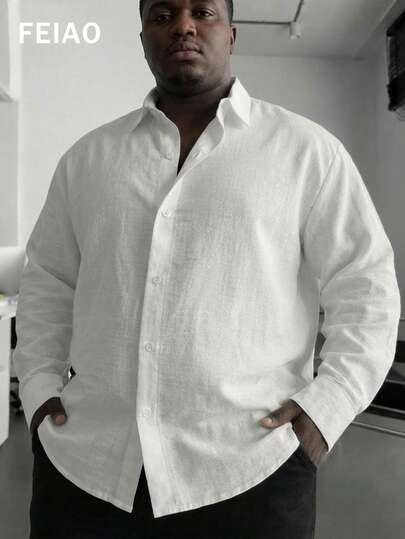 FEIAO Men's Vintage Style Pure Cotton Linen Texture Long Sleeve Shirt, Button Front, Solid Color Design, Suitable For All Seasons, Casual Fashionable, Versatile Style