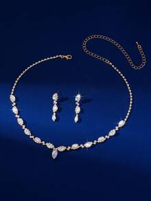 Set de bijuterii cu cristale strălucitoare de zirconiu, colier și cercei, design simplu și elegant, accesoriu perfect pentru nunți, petreceri și diverse ocazii, elegant, festival - Galben auriu - Vizualizare 3