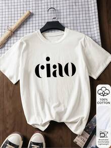1pc Women's Clothing Ciao Print White TShirt, Shirts, White Top, Graphic Tees Women, Unisex Casual Crew Neck Tshirt, Lightweight 220gsm Knit Fabric, Machine Washable, For Spring/Summer/Fall, Christmas, Valentine's Day, Thanksgiving - trắng - Xem 1