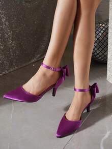 Purple Satin Bow Pointed Toe Ankle Strap High Heel Shoes For Women, Suitable For Spring And Autumn - Purple - View 2