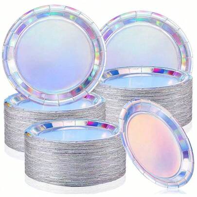 10pcs 9in/7in Holographic Iridescent Round Paper Plates, Elegant Party Plates For Birthday, Wedding, Dessert Table, Bakery, Picnic, Restaurant, DIY Crafts, Festive Decor, Lightweight Sturdy Paper Plates