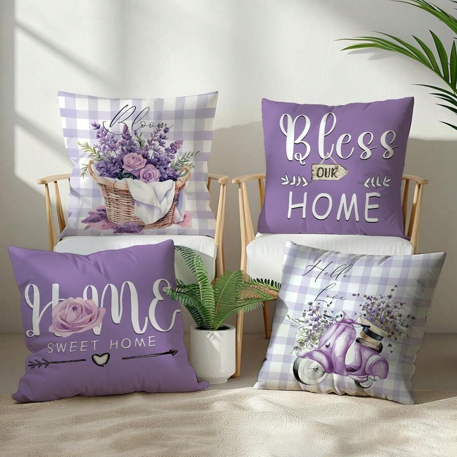 Bộ 4 vỏ gối trang trí tối giản họa tiết hoa oải hương tím màu nước "Chúc phúc cho gia đình", in một mặt trên chất liệu nhung màu đào, kích thước 45*45CM/18*18inch, phù hợp với ghế sofa phong cách tối giản hiện đại, trang trí phòng khách, làm quà tặng, trang trí tiệc. - Nhiều màu - Xem 1