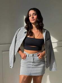 MABELDE Cropped Top, Square Neckline, Wide Thin Straps With Asymmetrical Cut, Elegant Polyamide, Asymmetrical, Evening Wear. - Black - View 4