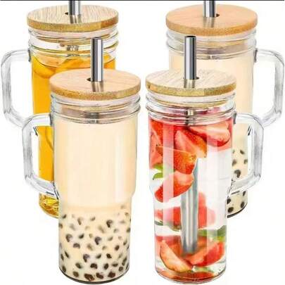 1pc Portable Glass Cup With Bamboo Lid And Straw - Transparent Coffee Cup With Handle, Suitable For Iced Coffee, Milk Tea And Summer Drinks - Perfect For Back To School And Birthday Gifts!