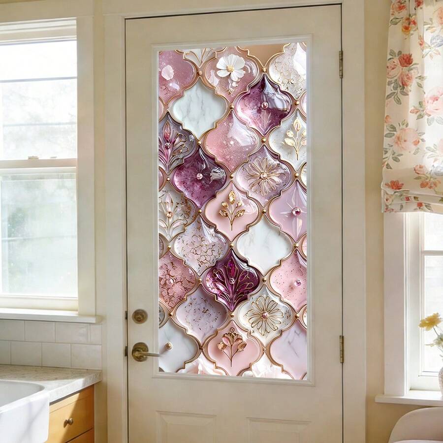 1/4pcs Vintage Geometric Floral Pattern Frosted Window Film, Static Cling, Reusable, Anti-Glare, Privacy Protection, Suitable For Home Living Room, Bathroom And Office Decor