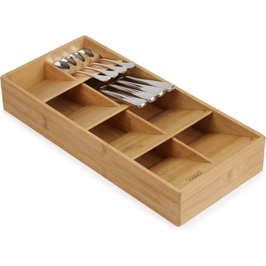 Organizador de cajón grande y compacto para cubiertos, cubertería y utensilios de cocina, con 8 compartimentos, capacidad para 48 piezas, de bambú - por defecto - Ver 1