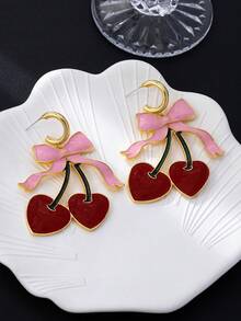 1 Pair Sweet Cherry Earrings, Exaggerated Metallic Ribbon Earrings, Elegant Luxury Earrings With Unique Design, Pastoral Style Big Jewelry Earrings - Pink - View 1