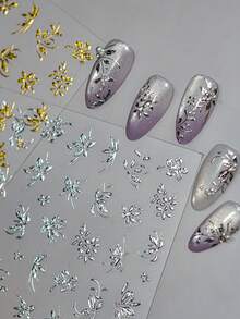 1片5D立体浮雕美甲贴纸 银色浮雕花瓣 时尚花朵 精致叶子贴纸 美甲贴纸 魅力美甲贴纸 - 銀色 - 查看 3
