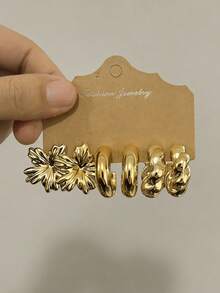 6/18pcs New Stylish Lightweight Multi-Element Earrings, Suitable For Daily Wear All Year Round, Thick Marine Series Earrings, Low Allergy For Women. Includes Starfish, Small Seashell, Five-Petal Flower, Small C-Shape, Medium C-Shape, Water Drop, Twisted C-Shape - Gold - View 6