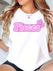 Pisces Butterfly Print Women Plus Size T Shirt Round Neck Casual Comfortable Loose Fit Top For Everyday Wear 220g - 白色 - 查看 1