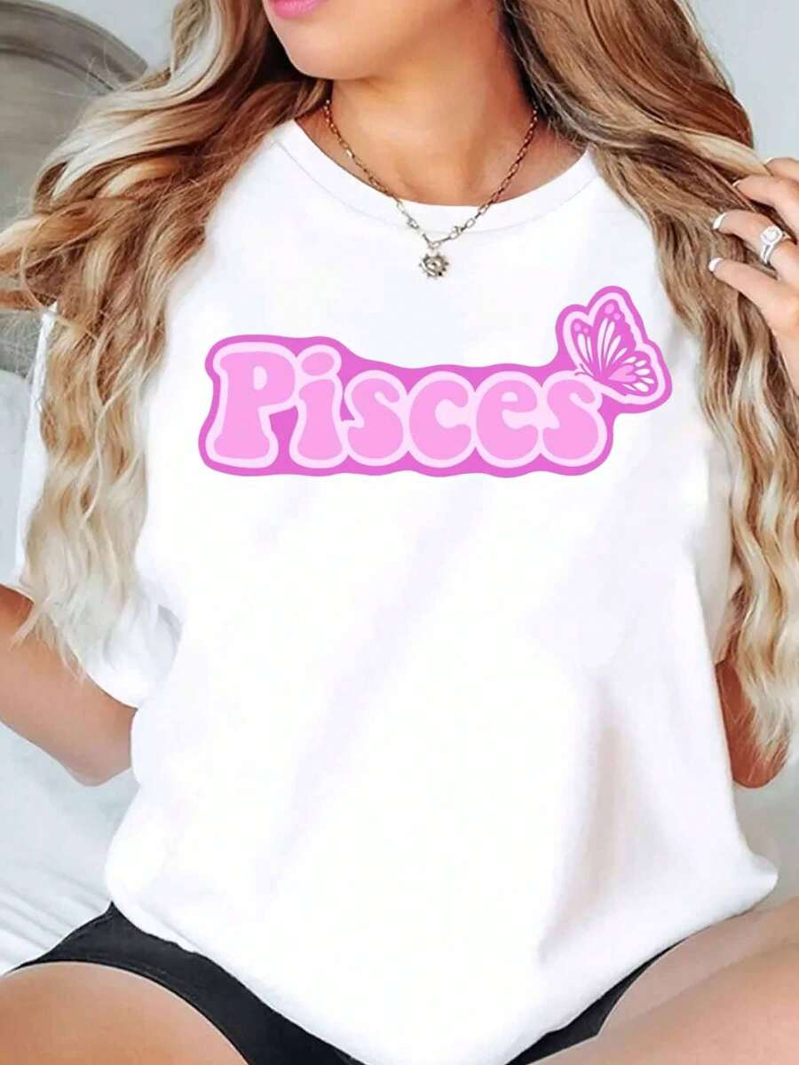 Pisces Butterfly Print Women Plus Size T Shirt Round Neck Casual Comfortable Loose Fit Top For Everyday Wear 220g - 白色 - 查看 1