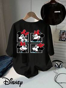 Disney (Loose Version) Women's Casual Black Cotton Minnie Mouse Graphic Short Sleeve Regular Round Neck T-Shirt, Suitable For Summer And Spring Seasons, Holiday Gift Party Clothes, Ladies' Clothes. - màu đen - Xem 1
