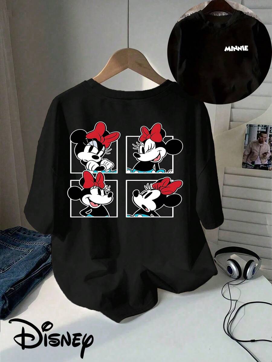 Disney (Loose Version) Women's Casual Black Cotton Minnie Mouse Graphic Short Sleeve Regular Round Neck T-Shirt, Suitable For Summer And Spring Seasons, Holiday Gift Party Clothes, Ladies' Clothes. - màu đen - Xem 1
