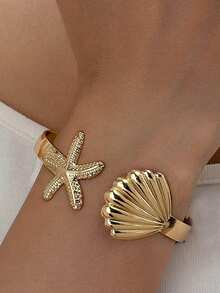 1件海洋之风海星贝壳手链，优雅个性，海滩度假风手链 - 金色 - 查看 1